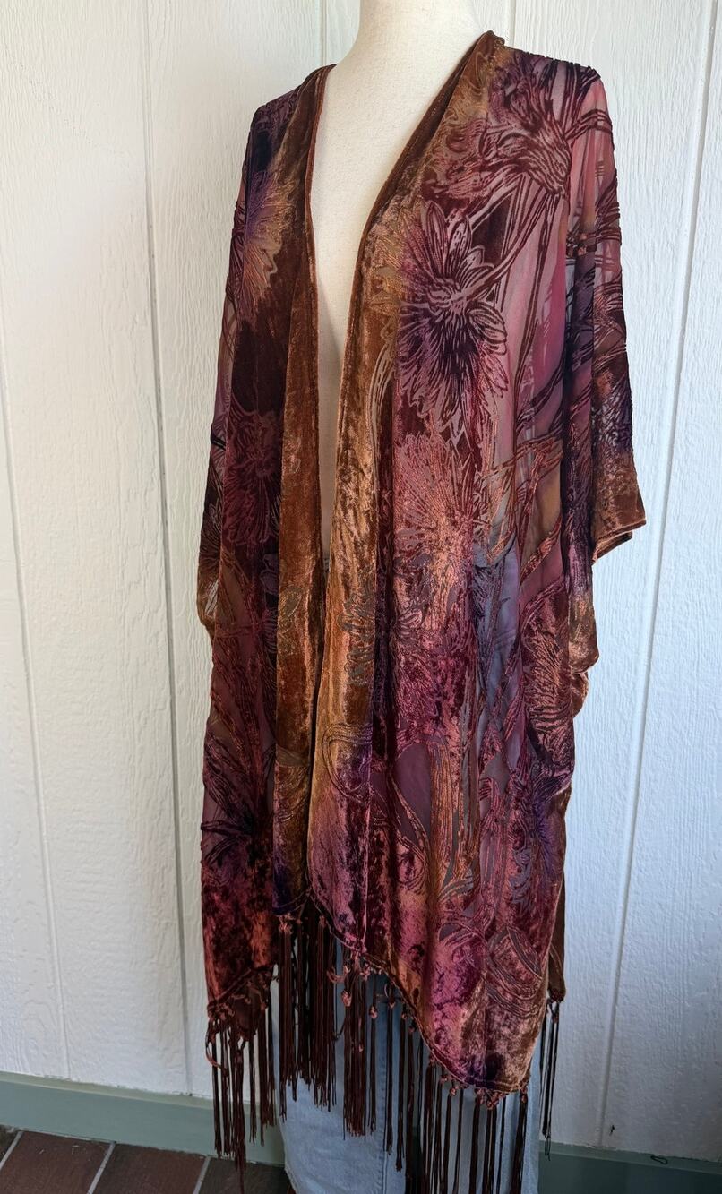 Chico's Burnout Velvet Floral Kimono L/XL Fringe Duster Boho Festival